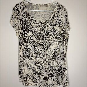 CHICO'S Short Sleeve Blouse Womens L Tan White Animal Print Layered Stretch